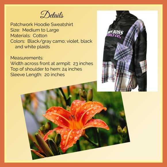 Patchwork Camo Hoodie, Size M-L: Upcycled Hipster Grunge Violet Plaid Sweatshirt - Picture 3 of 14